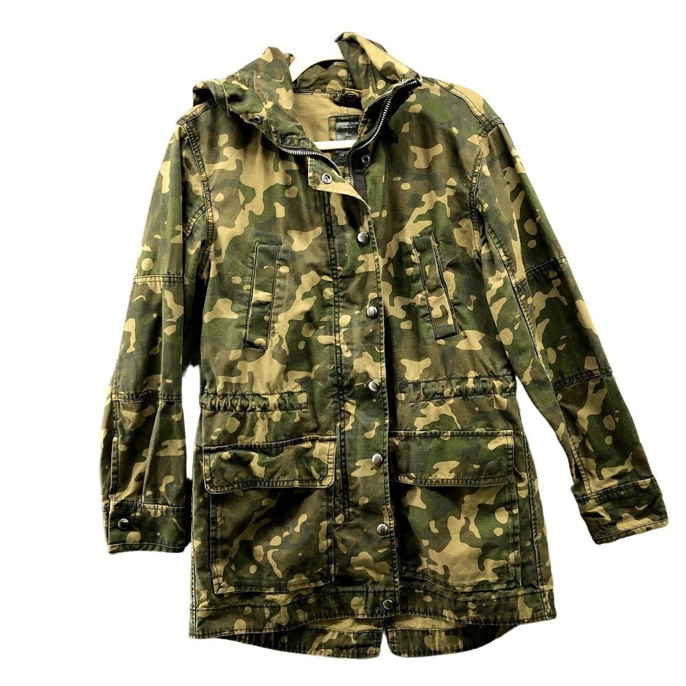 GAP Camo Utility Jacket Womens XS Drawstring Waist‎ Outdoors Canvas Mid Length